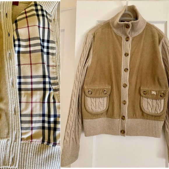 Burberry beige unisex bomber jacket corduroy and cable wool + plaid size 46 (M)